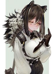  animal_ears animal_hands arknights black_skirt cross_tie ear_piercing female freckles hair_between_eyes hand_up holding holding_knife knife long_hair long_sleeves looking_at_viewer nido_celisius piercing ponytail raccoon_ears robin_(arknights) shirt simple_background skirt solo upper_body white_shirt yellow_eyes 