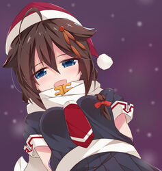  ahoge blue_eyes braid brown_hair female hair_flaps hair_ornament hat kantai_collection looking_at_viewer looking_down necktie santa_hat scarf school_uniform serafuku shigure_(kancolle) shigure_kai_ni_(kancolle) single_braid smile solo yoriha_yashiro 