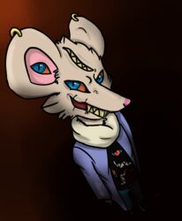  anthro arson_limbo black_tail blue_eyes bottomwear buckteeth cheek_tuft claws clothed clothing deta&#039;s_sagas detan_seraph diamond_pupils ear_eyes ear_piercing ear_ring evil_grin facial_tuft fingers fluffy_ears fur fur_tuft head_tuft hi_res legwear long_snout male mammal mouse multi_eye multi_mouth multicolored_eyes murid murine notes28 orange_sclera piercing pink_hands ring_piercing rodent sewn_mouth sharp_teeth shirt smile snout solo tail teeth topwear tuft white_claws 