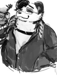  3:4 :3 anthro bangs bear black_ears black_hair black_nose clothing eyewear fur giant_panda glasses grey_body grey_clothing grey_ears grey_fur hair hand_on_hip holding_object jacket kemono key_rooki looking_at_object male mammal monochrome neck_tuft painterly shirt simple_background smile solo topwear tuft unknown_character ursine white_background white_body white_clothing white_fur white_shirt white_topwear 