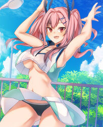  :d absurdres armpits arms_up ass_visible_through_thighs azur_lane bare_shoulders black_panties blue_sky blush breasts bremerton_(azur_lane) bremerton_(scorching-hot_training)_(azur_lane) cleavage clothes_lift cloud collarbone collared_shirt commentary cowboy_shot crop_top crop_top_overhang day female green_skirt grey_hair hair_between_eyes hair_intakes hair_ornament hairclip highres lamppost large_breasts long_hair looking_at_viewer lower_teeth_only midriff multicolored_hair navel no_mole official_alternate_costume open_mouth outdoors panties pantyshot pink_eyes pink_hair plant railing shirai_yu shirt shirt_lift sidelocks skirt skirt_lift sky sleeveless sleeveless_shirt smile solo sportswear standing streaked_hair teeth tennis_uniform twintails two-tone_hair two-tone_shirt two-tone_skirt underboob underwear white_shirt white_skirt wind wind_lift x_hair_ornament 