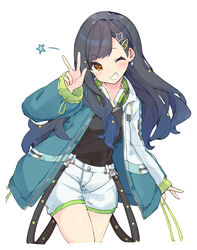  absurdres black_hair black_shirt blue_jacket blush brown_eyes commentary female grin hair_ornament hairclip hand_up headphones headphones_around_neck highres jacket long_hair mola_mola one_eye_closed open_clothes open_jacket project_sekai shiraishi_an shirt short_shorts shorts simple_background smile solo star_(symbol) star_hair_ornament very_long_hair w white_background white_shorts 