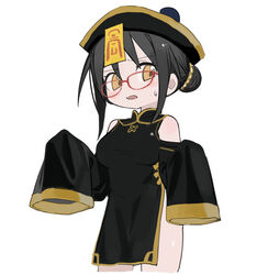  black_dress black_hair breasts china_dress chinese_clothes cowboy_shot cropped_legs detached_sleeves dress female glasses hair_bun hat highres jiangshi kokaki_mumose looking_at_viewer medium_breasts medium_hair null-meta ofuda open_mouth qingdai_guanmao red-framed_eyewear side_slit sidelocks simple_background solo souen_chiaki sweatdrop white_background yellow_eyes 