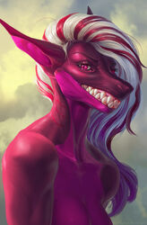  2022 anthro bared_teeth breasts bust_portrait detailed digital_media_(artwork) discardingsabot female fish gills grimace grin hair hi_res marine pink_eyes portrait raisey_schneider scalie shark silgiriya_mantsugosi simple_background smile solo teeth white_hair 