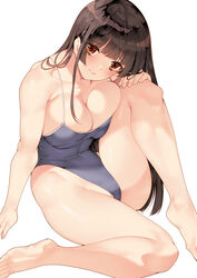  bare_arms bare_shoulders barefoot blue_one-piece_swimsuit breasts brown_eyes brown_hair cleavage closed_mouth collarbone commentary feet female fingernails highleg highleg_swimsuit knee_up large_breasts lips long_hair looking_at_viewer one-piece_swimsuit original saburou_(hgmg) school_swimsuit shiny_skin simple_background sitting smile solo sweat sweatdrop swimsuit thighs 