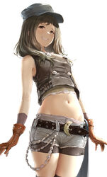  absurdres akita_hika bad_id bad_twitter_id belt bike_shorts bike_shorts_under_shorts black_belt black_hat breasts brown_eyes brown_gloves brown_hair chains clenched_teeth commentary_request female final_fantasy final_fantasy_vii final_fantasy_vii_remake gloves hat highres kyrie_canaan looking_at_viewer midriff navel short_hair short_shorts shorts simple_background sleeveless small_breasts smug solo stomach teeth white_background 