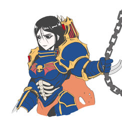  absurdres armor black_eyes black_hair black_sclera breasts chains colored_sclera female genderswap_(mtf) highres imperium_of_man konrad_curze korean_commentary long_hair medium_breasts mueos-ilkka night_lords pauldrons power_armor primarch rule_63 short_hair shoulder_armor skull solo the_nightmare_mantle warhammer_40k weapon 