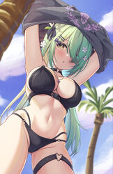  absurdres ass_visible_through_thighs bikini black_bikini black_choker blurry blurry_background breasts ceres_fauna choker cleavage commentary cowboy_shot female flower from_below goth_fashion green_hair hair_flower hair_ornament hair_ribbon heart heart_choker highres hololive hololive_english large_breasts long_hair looking_at_viewer navel open_mouth palm_tree ribbon rooby_n sky solo swimsuit symbol-only_commentary thigh_strap tree undressing virtual_youtuber yellow_eyes 