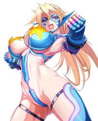  ass_visible_through_thighs blonde_hair blue_eyes breasts commentary_request eyemask female from_below large_breasts leotard long_hair mask open_mouth original rakko_(r2) revealing_clothes sandy_bash see-through solo standing tagme thigh_strap very_long_hair 