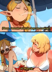  2024 absurd_res beach bikini blonde_hair chips_(food) clothing delicious_in_dungeon dialogue domestic_cat doritos duo_focus elf english_text eyewear falin_touden felid feline felis female food frito-lay group hair hi_res human humanoid humanoid_pointy_ears humor izutsumi_(delicious_in_dungeon) khyleri mammal marcille_donato not_furry_focus sand shocked sniffing sunburn sunglasses suntan swimwear tail tan_line text 