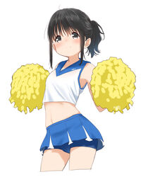  black_eyes black_hair blue_shorts blue_skirt blush closed_mouth commentary cowboy_shot crop_top cropped_legs english_commentary female highres looking_at_viewer medium_hair midriff navel original pleated_skirt pom_pom_(cheerleading) ponytail retsumaru shorts shorts_under_skirt simple_background skirt smile solo split_mouth white_background yellow_pom_poms 