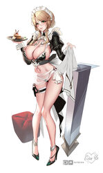  ade_(nikke) artist_logo bikini black_bikini blonde_hair breasts cake cake_slice cian_yo cleavage detached_collar english_commentary female food glasses goddess_of_victory:_nikke green_eyes hair_bun high_heels highres holding holding_tray holster juliet_sleeves large_breasts long_hair long_sleeves looking_at_viewer maid maid_bikini maid_headdress navel paid_reward_available parted_lips puffy_sleeves see-through smile solo swimsuit thigh_holster tray unconventional_maid white_background 