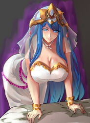  artist_name aura bare_shoulders bent_over blue_eyes blue_hair breasts cleavage closed_mouth corruption dark_aura dress english_commentary eyelashes female fire_emblem fire_emblem_engage fire_emblem_heroes grey_background highres large_breasts looking_at_viewer lumera_(fire_emblem) rinku_bny solo tiara veil white_dress 