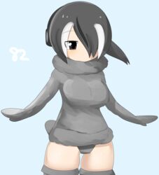  alternate_costume bird_tail black_hair blue_background blush breasts brown_eyes closed_mouth commentary_request cowboy_shot emperor_penguin_(kemono_friends) expressionless eyes_visible_through_hair female fur_sweater grey_panties grey_sweater grey_thighhighs hair_between_eyes hair_over_one_eye headphones kemono_friends large_breasts lets0020 long_bangs looking_at_viewer multicolored_hair numbered panties short_hair simple_background solo streaked_hair sweater tail thighhighs underwear white_hair 