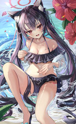  animal_ears bare_shoulders bikini black_bikini blue_archive blush breasts cat_ears cat_girl cleavage commentary female flower hair_between_eyes halo highres long_hair looking_at_viewer medium_breasts off-shoulder_bikini off_shoulder official_alternate_costume one-piece_swimsuit open_mouth red_eyes red_flower red_halo serika_(blue_archive) serika_(swimsuit)_(blue_archive) sitting_on_water solo suidou_chaahan swimsuit very_long_hair 