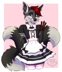  absurd_res anthro blue_eyes canid canine clothed clothing crossdressing dress femboy fox hair hi_res legwear maid_uniform male mammal multi_tail red_hair shrapnelvargr solo stockings tail thigh_highs uniform vampybooxo 