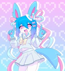  2024 5_fingers accessory anthro anthrofied asian_clothing biped blue_body blue_ears blue_fur blue_hair blue_ribbon blue_tail blush bottomwear bow_(feature) bow_ribbon bow_tie clothed clothing colored cute_fangs ear_bow east_asian_clothing eeveelution epitome_(giyuyuchan) eye_bags eyelashes fangs female female_anthro fingers front_view fully_clothed fur generation_6_pokemon gesture giyuyuchan hair hair_accessory hair_ribbon hairbow hand_gesture heart_background heart_bow heart_catchlight heart_symbol hi_res humanoid_hands japanese_clothing japanese_school_uniform kemono looking_at_viewer mammal monotone_hair monotone_tail multicolored_body multicolored_fur navel nintendo open_mouth open_smile pattern_background pawpads pink_background pink_bow pink_eyes pink_inner_ear pink_pawpads pink_ribbon pink_tongue pointing pointing_up pokemon pokemon_(species) pokemorph portrait pupils ribbons school_uniform serafuku shaded shiny_pokemon shirt simple_background skirt smile solo standing sylveon tail teeth three-quarter_portrait tongue topwear two_tone_body two_tone_fur uniform white_body white_bottomwear white_clothing white_fur white_pupils white_shirt white_skirt white_topwear 