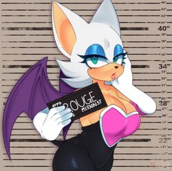  anthro armwear bat breasts chart cleavage clothed clothing elbow_gloves english_text eyeshadow female fur gloves half-closed_eyes handwear height_chart kore_eon lipstick looking_at_viewer makeup mammal membrane_(anatomy) membranous_wings narrowed_eyes police_lineup rouge_the_bat sega short_stack solo sonic_the_hedgehog_(series) tan_body tan_skin text white_body white_fur wings 