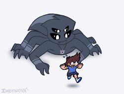  3_fingers 4_eyes 5_fingers 6_arms anthro arachnid arin_(imbynova) arthropod arthropod_abdomen black_bottomwear black_clothing black_eyes black_shorts blue_clothing blue_shirt blue_topwear bodily_fluids bottomwear brown_hair closed_smile clothed clothing digital_media_(artwork) duo eye_through_hair eyebrow_through_hair eyebrows fingers flat_colors footwear fully_clothed fur grey_body grey_fur hair hi_res human imbynova jewelry larger_anthro looking_at_another male mammal mouth_closed multi_arm multi_eye multi_limb necklace necklace_only nude open_mouth pink_tongue pupils running scared semi-anthro shadow shirt shoes shorts simple_background size_difference smaller_human smile spider sweat sweatdrop tan_body tan_skin teeth tongue topwear translucent translucent_hair white_background white_clothing white_footwear white_pupils white_shoes 