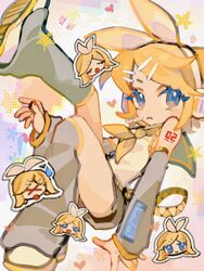  :3 ao_6336 arm_support blonde_hair blue_eyes bow chibi chibi_inset closed_mouth detached_sleeves female frown full_body grey_shorts grey_sleeves hair_ornament hairbow hairclip headset heart kagamine_rin knee_up leg_up leg_warmers looking_at_viewer multicolored_background multiple_views number_tattoo panties panty_peek pixel_heart pixel_star shirt shoes short_hair short_shorts shorts shoulder_tattoo sitting star_(symbol) swept_bangs tattoo underwear v-shaped_eyebrows vocaloid white_bow white_footwear white_shirt xo yellow_nails 