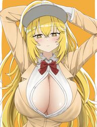  arms_up blazer blonde_hair blush bow bowtie breasts bright_pupils brown_jacket cleavage female gloves hair_between_eyes hat high_ponytail highres huge_breasts jacket long_bangs long_hair looking_at_viewer mecha_(soep9uvvt5s7w3x) open_clothes open_shirt red_bow red_bowtie school_uniform shokuhou_misaki solo sparkling_eyes star-shaped_pupils star_(symbol) summer_uniform sweater_vest symbol-shaped_pupils toaru_kagaku_no_mental_out toaru_kagaku_no_railgun toaru_majutsu_no_index tokiwadai_school_uniform upper_body white_gloves white_pupils winter_uniform yellow_eyes 