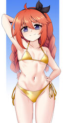  absurdres ahoge arms_behind_head bikini black_hairband bow_hairband braid breasts chakuro96 collarbone female gold_bikini hairband hand_on_own_hip highres long_hair micro_bikini navel orange_hair princess_connect! purple_eyes side-tie_bikini_bottom small_breasts smile solo swimsuit twin_braids yuni_(princess_connect!) 