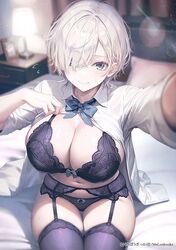  bed bedroom black_bra black_panties black_thighhighs blurry blurry_background bow bowtie bra breasts female garter_belt garter_straps hair_over_one_eye indoors kurono_mitsuki large_breasts looking_at_viewer navel open_clothes open_shirt original panties school_uniform shirt short_hair sitting solo thighhighs thighs tomboy_childhood_friend_(kurono_mitsuki) underwear white_hair white_shirt 