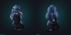  2024 3_toes acacia_dune alien anthro artist_name back_markings biped black_clothing black_dress blue_body blue_claws blue_fur blue_nose blue_pawpads chest_tuft claws clothing digital_drawing_(artwork) digital_media_(artwork) disney dress ears_down experiment_(lilo_and_stitch) eyelashes feet female finger_claws front_view fur gradient_background hands_on_hips head_markings head_tuft hi_res hollow_hip_backless_chain_dress lidded_eyes lilo_and_stitch male_(lore) markings meme meme_clothing occipital_markings pawpads pivoted_ears purple_eyes rear_view simple_background small_tail smile solo stitch_(lilo_and_stitch) tail teal_background toe_claws toes tuft 