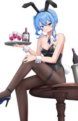  :p animal_ears bare_shoulders black_leotard blue_eyes blue_hair blue_necktie bottle breasts brown_pantyhose bucket commentary cup detached_collar drinking_glass fake_animal_ears female high_heels highres hiiragi_melt holding holding_tray hololive hoshimachi_suisei leotard necktie pantyhose playboy_bunny rabbit_ears short_necktie side_ponytail sitting small_breasts solo star_(symbol) star_in_eye symbol_in_eye table thigh_strap thighs tongue tongue_out tray virtual_youtuber wine_bottle wine_glass wrist_cuffs 