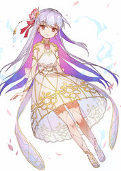  absurdres back_bow blue_fire bow chinese_commentary colored_inner_hair commentary_request dress earrings fate/grand_order fate/grand_order_arcade fate_(series) female fingernails fire floating flower full_body gold_trim grey_hair hair_flower hair_ornament hair_ribbon highres jewelry kama_(fate) kama_(mistake)_(fate) long_hair looking_at_viewer multicolored_hair petals pink_flower pink_petals purple_hair red_eyes red_ribbon ribbon sao7 see-through see-through_dress simple_background smile water_lily_flower white_background white_bow white_dress yellow_footwear 