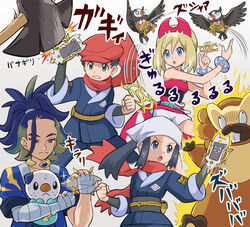  2boys 2girls :&lt; :o adaman_(pokemon) akari_(pokemon) arc_phone bibarel bird black_hair blue_coat blue_hair bracelet clenched_hand clenched_teeth coat commentary_request eyelashes galaxy_expedition_team_survey_corps_uniform green_hair grey_background grey_eyes hairband hands_up hat head_scarf holding holding_phone holding_pokemon irida_(pokemon) jacket jewelry kleavor long_hair multicolored_hair multiple_boys multiple_girls neck_ring oshawott pants phone pokemoa pokemon pokemon_(creature) pokemon_legends:_arceus ponytail red_hairband red_headwear red_scarf red_shirt rei_(pokemon) rotom rotom_(other) sash scarf shirt short_hair shorts sidelocks skirt sparkle starly strapless strapless_shirt sweat teeth tied_hair white_shorts 