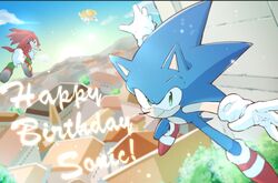  3boys animal_nose building closed_mouth english_commentary floating flying furry furry_male gloves green_eyes happy_birthday highres knuckles_the_echidna looking_at_viewer male_focus multiple_boys posojo123 purple_eyes red_footwear shoes sneakers sonic_(series) sonic_the_hedgehog tails_(sonic) white_gloves 