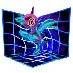  absurdres animal_focus bird commentary cortoony distortion english_commentary floating full_body highres horns no_humans pokemon pokemon_(creature) pokemon_move porygon-z reflection single_horn solo transparent_background trick_room_(pokemon) yellow_eyes 