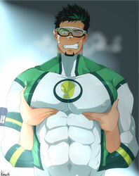  1boy 1other alternate_pectoral_size bara black_hair blush bodysuit bound bound_wrists breath clenched_teeth covered_abs covered_navel covered_nipples dark-skinned_male dark_skin facial_hair goatee grabbing green_bodysuit green_hair groping highres kyoichi_(live_a_hero) large_pectorals live_a_hero male_focus multicolored_hair muscular muscular_male one_eye_closed pectoral_grab pectorals skin_tight solo_focus streaked_hair superhero_costume sweat teeth tight_clothes upper_body white_bodysuit yamato_(pixiv29997945) 