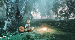  1boy belt blonde_hair blue_eyes blue_tunic boots brown_belt brown_footwear campfire champion&#039;s_tunic_(zelda) chinese_commentary closed_mouth commentary fire grass grey_pants highres holding indian_style link maionese male_focus medium_hair on_ground outdoors pants pointy_ears scenery sheikah_slate shield sidelocks sitting solo swept_bangs sword sword_behind_back the_legend_of_zelda the_legend_of_zelda:_breath_of_the_wild tree weapon wide_shot 