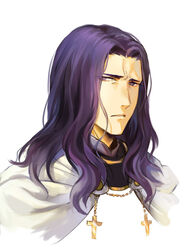  1boy bad_id bad_pixiv_id capelet changye cross_ornament fate/zero fate_(series) forehead lancelot_(fate/zero) long_hair male_focus portrait purple_eyes purple_hair solo wavy_hair 