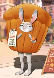  absurd_res alastorrekfast anthro closed_eyes clothing costume cupcake cupcake_costume day detailed_background disney english_text female food food_costume hi_res holding_food holding_object judy_hopps lagomorph leporid mammal outside rabbit sign solo standing text zootopia 