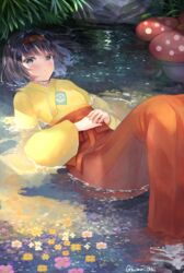  black_hair blush commentary_request erika_(pokemon) female flower fujimori_shiki grey_eyes hairband hakama hakama_skirt hands_on_own_stomach highres japanese_clothes kimono light_rays long_sleeves lying on_back orange_flower orange_hairband orange_hakama own_hands_together partially_submerged poke_ball_print pokemon pokemon_(creature) pokemon_frlg ripples short_hair skirt vileplume water wide_sleeves yellow_kimono 