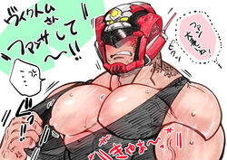  1boy abs bara bare_pectorals black_tank_top blush bouncing_pecs clothes_pull come_hither facial_hair facing_viewer helmet highres kizami_nori_to_yamaimo large_pectorals live_a_hero male_focus muscular muscular_male nipples pectoral_focus pectorals shirt_pull sideburns solo stubble sweat tank_top translated twitching upper_body veins victom_(live_a_hero) 