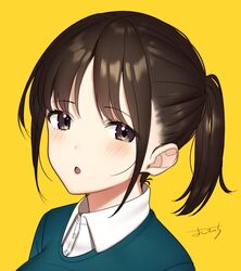  blush brown_eyes brown_hair chestnut_mouth collared_shirt female looking_at_viewer open_mouth original ponytail portrait shirt signature solo yellow_background yoshihiro_(yoshihiro12190) 