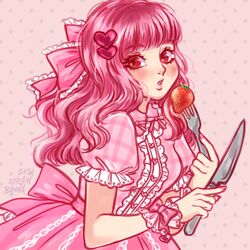  2020 :o bad_id bad_pixiv_id blunt_bangs blush bow buttons collared_dress cuffs curly_hair dress eating fashion female food fork frills fruit gingham hair_ornament hairbow heart heart_hair_ornament holding holding_fork holding_knife knife lace lace_trim lolita_fashion open_mouth original pink_background pink_dress pink_eyes pink_hair pink_nails polka_dot polka_dot_background puffy_short_sleeves puffy_sleeves red_eyes ribbon short_sleeves signature solo strawbanna strawberry striped sweet_lolita 