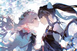  2girls arcaea black_bow black_hair blue_eyes bow braid commentary english_commentary eye_contact face-to-face flower frilled_shirt frills from_side hair_flower hair_ornament hair_ribbon highres hikari_(arcaea) hikari_(reunion)_(arcaea) lobelia_(saclia) long_hair looking_at_another multiple_girls pink_hair profile red_eyes ribbon shirt tairitsu_(arcaea) tairitsu_(reunion)_(arcaea) upper_body white_flower white_ribbon 