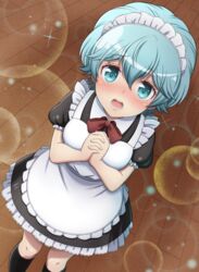  :d alternate_costume apron black_socks blue_eyes blue_hair blush dress enmaided female highres houkago_saikoro_club indoors interlocked_fingers jougenmushi kneehighs looking_at_viewer maid maid_headdress open_mouth own_hands_together puffy_sleeves short_hair smile socks solo takekasa_miki 