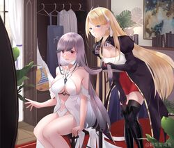  2girls @_@ azur_lane black_footwear black_gloves black_thighhighs blonde_hair blue_eyes boots breasts brest_(azur_lane) brest_(azur_lane)_(cosplay) cleavage clothes_hanger commentary_request cosplay costume_switch dress dunkerque_(azur_lane) dunkerque_(azur_lane)_(cosplay) fanchexingxianyu gloves indoors juliet_sleeves knee_boots large_breasts leaning_forward long_hair long_sleeves looking_at_mirror manjuu_(azur_lane) mirror multiple_girls object_on_head panties panties_on_head pointy_ears puffy_sleeves revealing_clothes sitting striped_clothes striped_panties thighhighs thighhighs_under_boots underwear white_dress 