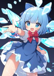  absurdres blue_bow blue_dress blue_eyes blue_hair blue_wings bow breasts chinese_commentary cirno commentary_request cryokinesis cy6n dress female flower hairbow highres ice ice_wings legs_apart looking_at_viewer medium_hair mixed-language_commentary open_mouth outstretched_arm puffy_short_sleeves puffy_sleeves second-party_source shirt short_dress short_sleeves sleeveless sleeveless_dress small_breasts smile solo standing touhou white_flower white_shirt wings 