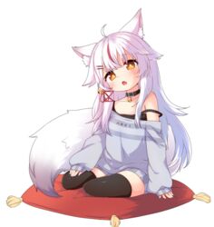  animal_ears babalilo bad_id bad_twitter_id bell black_thighhighs collar commentary commission english_commentary female fox_ears fox_tail full_body hair_ornament jingle_bell kamiko_kana long_hair long_sleeves looking_at_viewer oerba_yun_fang orange_eyes pillow red_hair sitting sitting_on_pillow sleeves_past_wrists solo strap_slip sweater tail thighhighs tsunderia virtual_youtuber white_hair yokozuwari zettai_ryouiki 