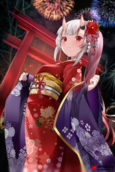  aerial_fireworks blush commentary_request female fireworks flower gradient_hair hair_flower hair_ornament haori hololive horns japanese_clothes kimono long_hair long_sleeves looking_at_viewer md5_mismatch mujinbensin multicolored_hair nail_polish nakiri_ayame nakiri_ayame_(new_year) night obi official_alternate_costume outdoors pink_nails red_eyes red_flower red_hair red_kimono sash skin-covered_horns smile solo standing streaked_hair torii very_long_hair virtual_youtuber white_hair 