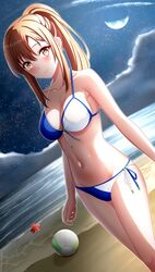  absurdres aoyama_nanami ball beach beachball bikini breasts brown_eyes brown_hair chinese_commentary cleavage cloud commentary_request commission dutch_angle feet_out_of_frame female front-tie_bikini_top front-tie_top half_moon halterneck highres horizon huanyi_huanhuanzi long_hair medium_breasts moon night night_sky ocean outdoors pixiv_commission ponytail sakura-sou_no_pet_na_kanojo side-tie_bikini_bottom sidelocks sky solo star_(sky) starfish starry_sky string_bikini swimsuit two-tone_bikini 