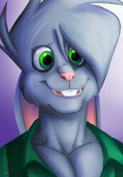  absurd_res anthro avoid_posting bright_eyes buckteeth chance_the_rabbit clothing digital_media_(artwork) digital_painting_(artwork) divine_acid ears_tied_back fur fur_texture gradient_background green_clothing green_eyes grey_body grey_fur hi_res illustration lagomorph leporid lordmarukio male mammal muscular muscular_male pecs rabbit realistic_shading simple_background smile solo teeth 