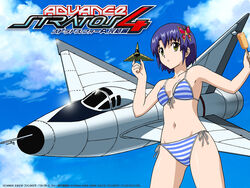  aircraft airplane ass bikini blue_hair blue_sky breast_tattoo breasts butterfly_hair_ornament cleavage collarbone copyright_name corn_dog day female hair_ornament hands_up holding kikuhara_karin looking_at_viewer navel official_art official_wallpaper short_hair side-tie_bikini_bottom sky small_breasts solo standing stratos_4 striped_bikini striped_clothes swimsuit tattoo vehicle_focus yamauchi_noriyasu yellow_eyes 